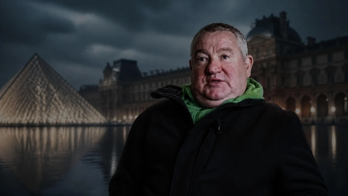 Portrait de l'artiste Claude Lévêque devant la pyramide du Louvre de nuit