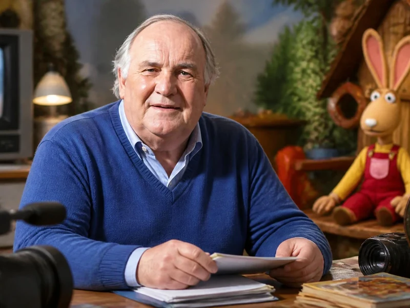 Portrait souriant de Claude Pierrard assis à son bureau avec une marionnette de lapin en arrière-plan