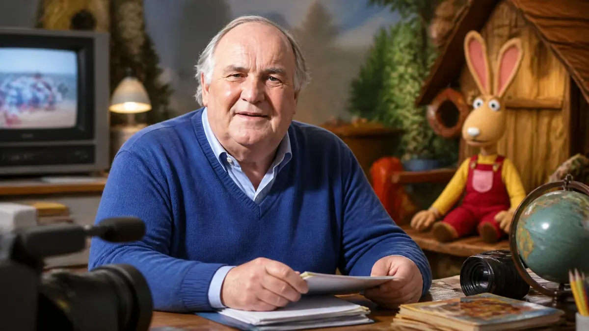 Portrait souriant de Claude Pierrard assis à son bureau avec une marionnette de lapin en arrière-plan