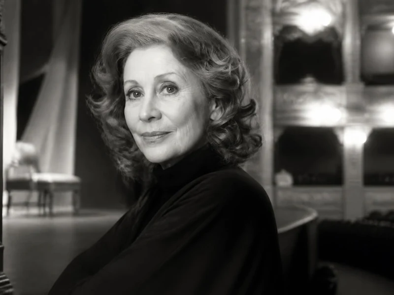 Portrait en noir et blanc de la comédienne Claude Winter posant sur la scène d'un théâtre classique
