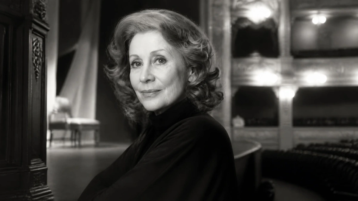 Portrait en noir et blanc de la comédienne Claude Winter posant sur la scène d'un théâtre classique