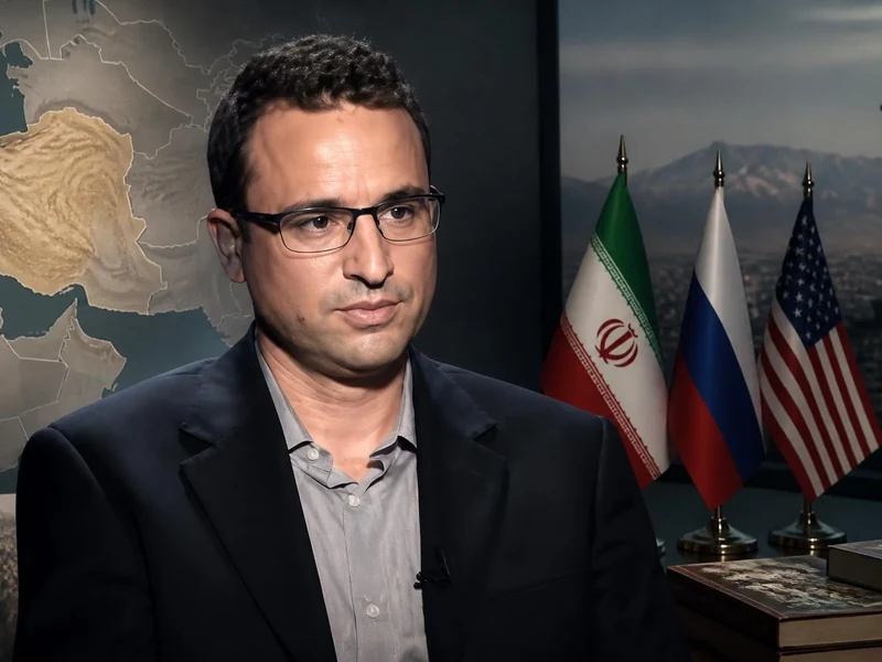 Portrait du chercheur Clément Therme devant des drapeaux et une carte géographique dans un studio de télévision