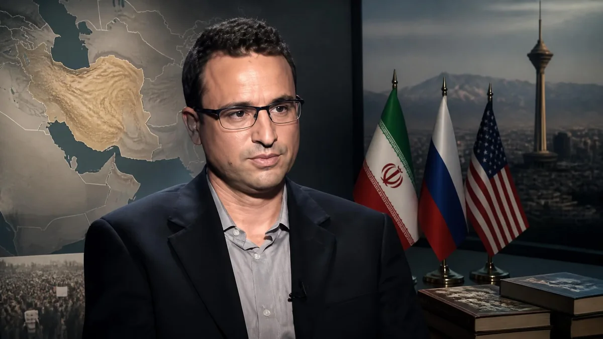 Portrait du chercheur Clément Therme devant des drapeaux et une carte géographique dans un studio de télévision