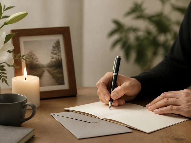 Une personne écrit un message de condoléances à la main sur une carte près d'une bougie et d'un bouquet de fleurs