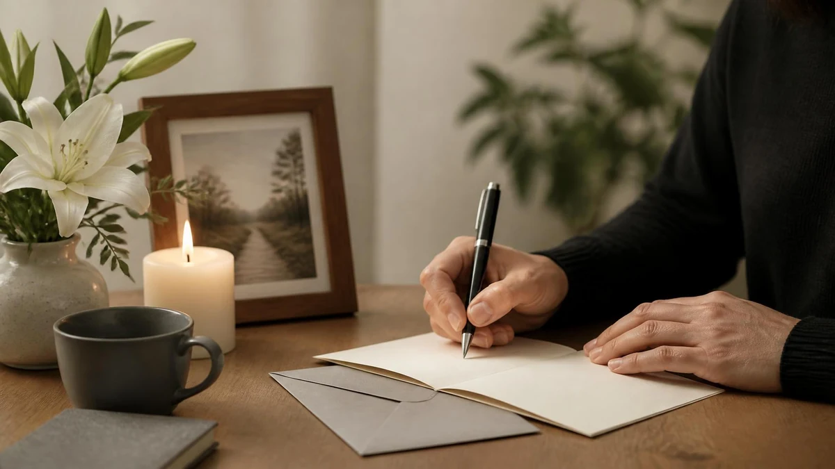 Une personne écrit un message de condoléances à la main sur une carte près d'une bougie et d'un bouquet de fleurs