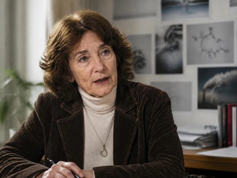 Portrait de la journaliste Corinne Lalo assise à son bureau devant des photos accrochées au mur