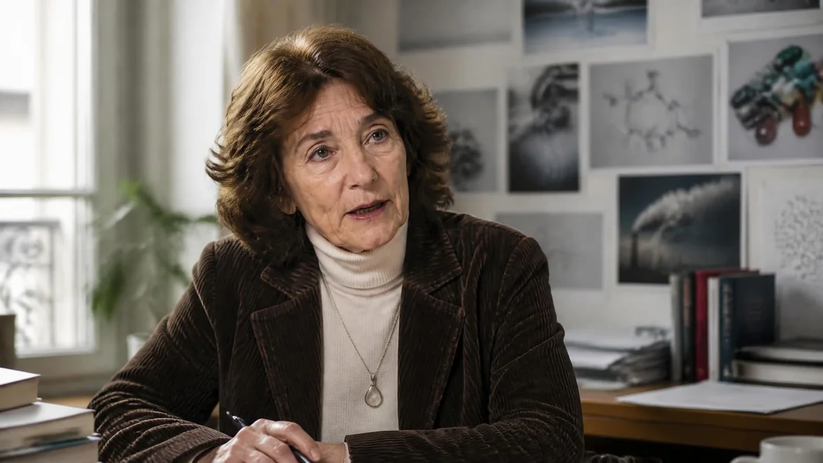Portrait de la journaliste Corinne Lalo assise à son bureau devant des photos accrochées au mur