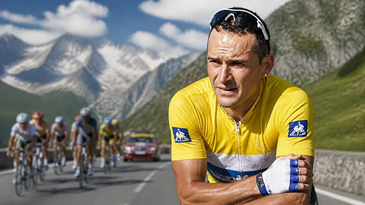 Cyril Dessel porte le maillot jaune lors d'une étape de montagne du Tour de France