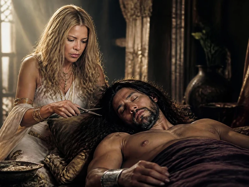 Dalila coupe les cheveux de Samson endormi dans une scène dramatique inspirée du récit biblique