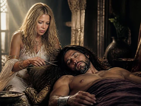 Dalila coupe les cheveux de Samson endormi dans une scène dramatique inspirée du récit biblique