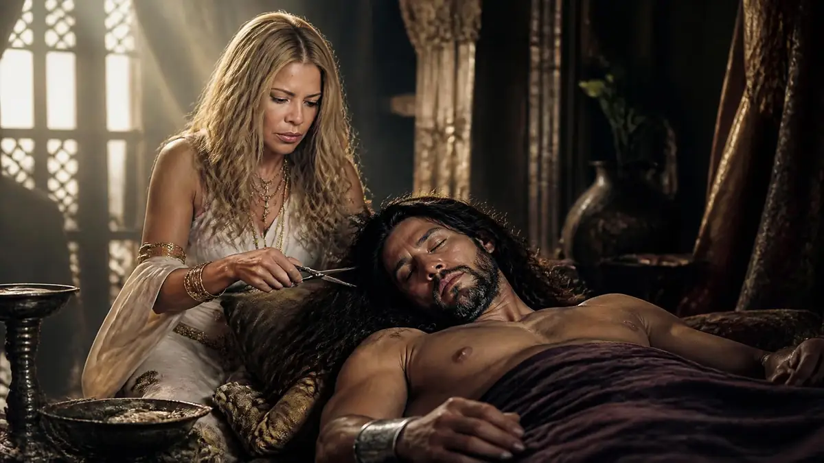 Dalila coupe les cheveux de Samson endormi dans une scène dramatique inspirée du récit biblique