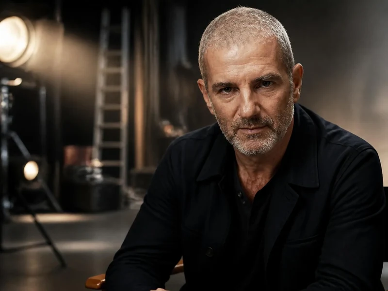 Portrait de Dan Herzberg assis sur un fauteuil de réalisateur dans un studio de tournage sombre