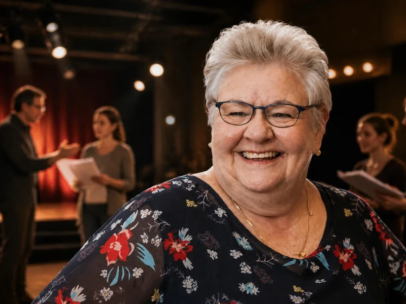 Portrait souriant de Danielle Fichaud devant une équipe de tournage en arrière-plan