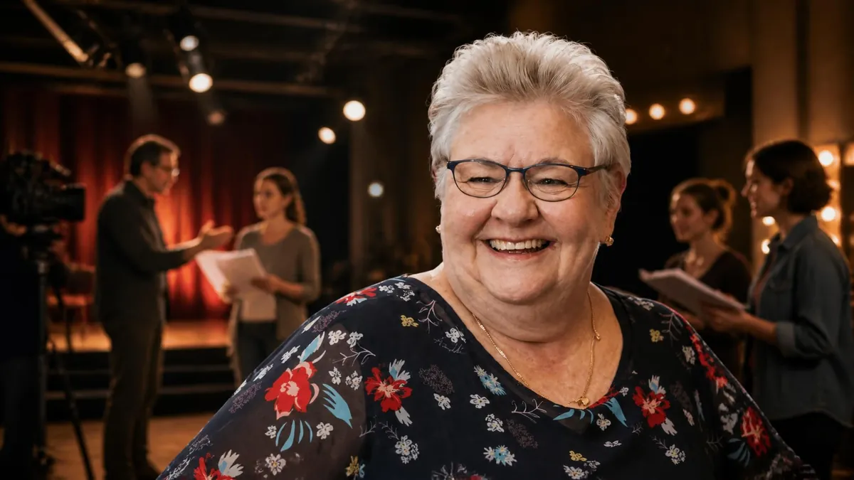 Portrait souriant de Danielle Fichaud devant une équipe de tournage en arrière-plan