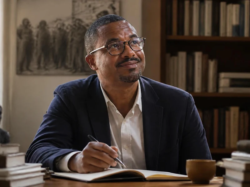 L'écrivain David Diop assis à son bureau en train d'écrire dans un carnet devant une bibliothèque