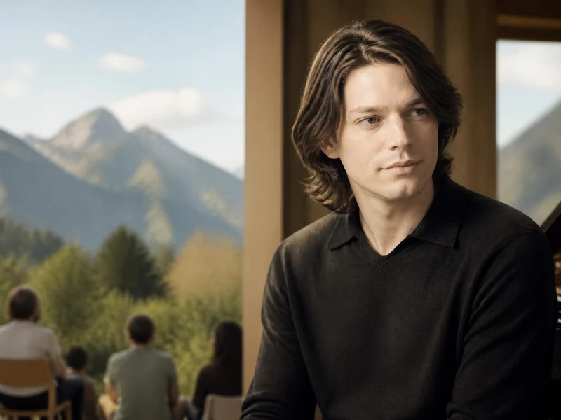 Le pianiste David Fray assis devant son piano face à un public en extérieur avec des montagnes en arrière-plan