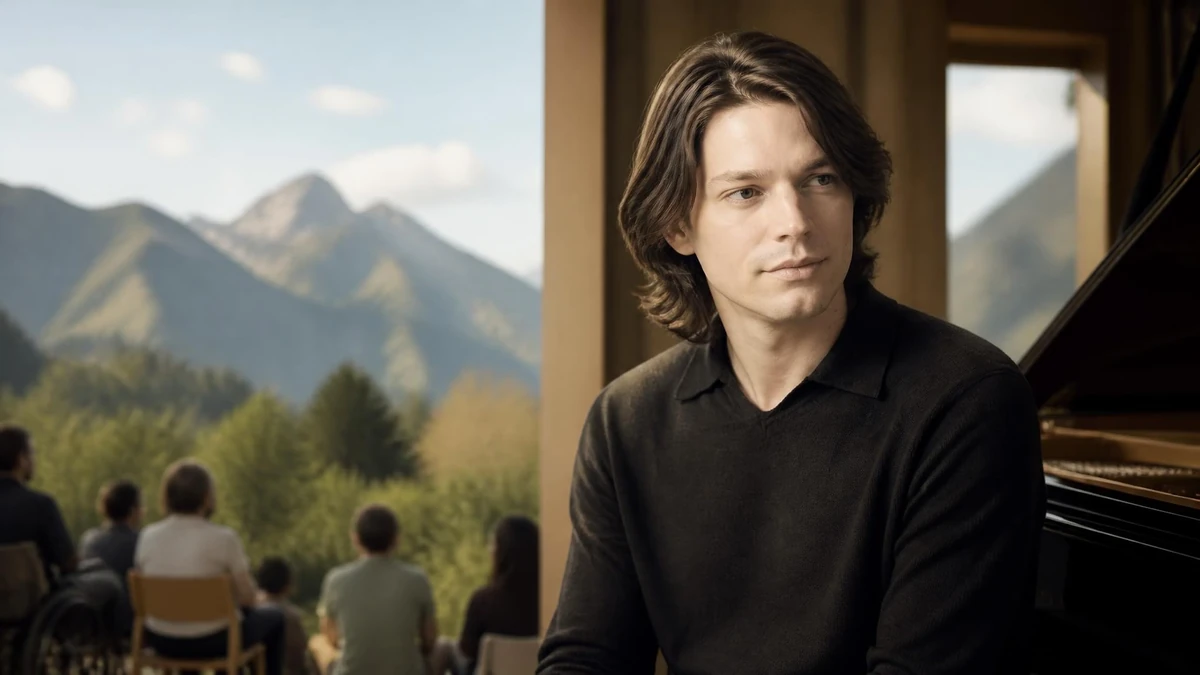 Le pianiste David Fray assis devant son piano face à un public en extérieur avec des montagnes en arrière-plan