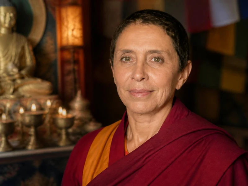 Davina Delor en tenue monastique devant une statue de Bouddha et des bougies allumées