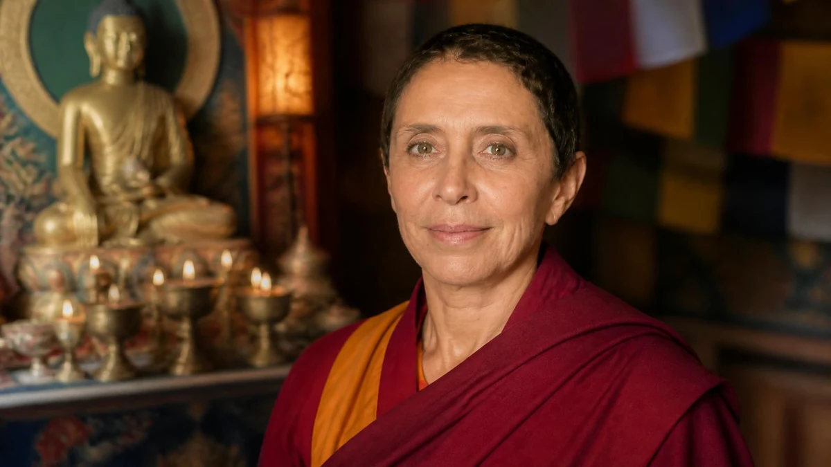 Davina Delor en tenue monastique devant une statue de Bouddha et des bougies allumées