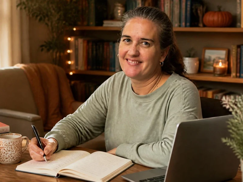 Laurie Gilmore souriante assise à son bureau en train d'écrire dans un carnet devant son ordinateur portable