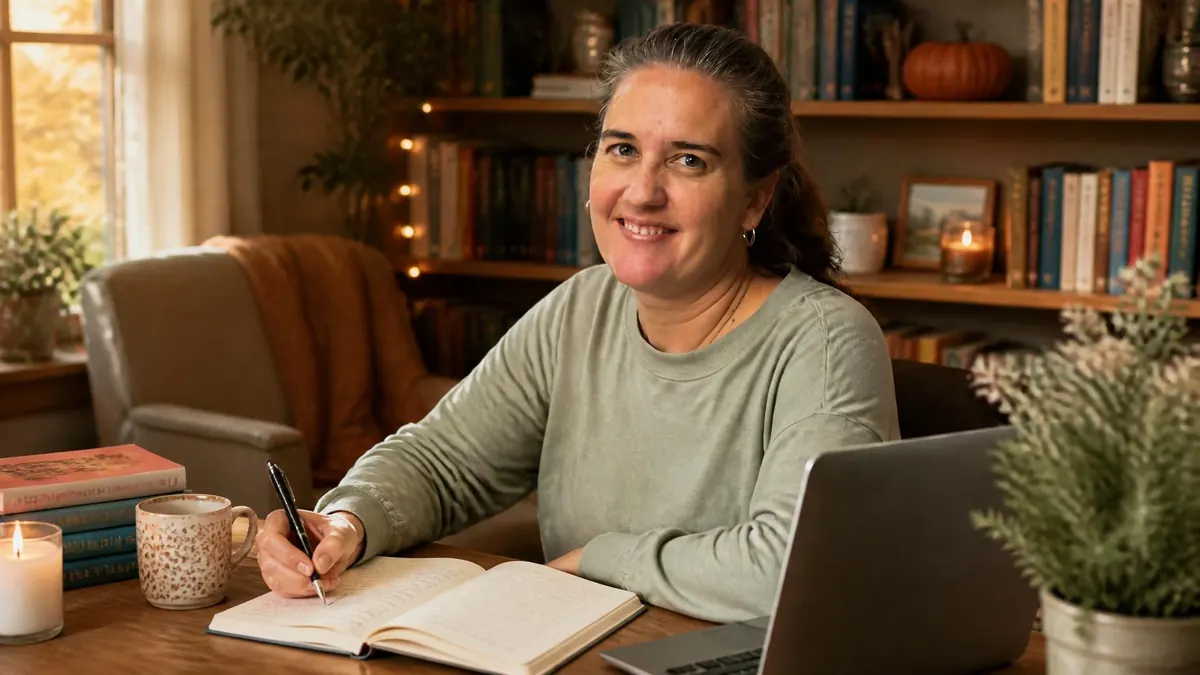 Laurie Gilmore souriante assise à son bureau en train d'écrire dans un carnet devant son ordinateur portable