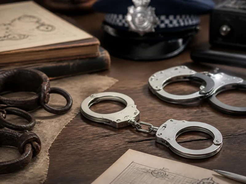 Une menotte métallique moderne posée sur une table en bois aux côtés d'anciennes entraves en fer et d'un képi de policier