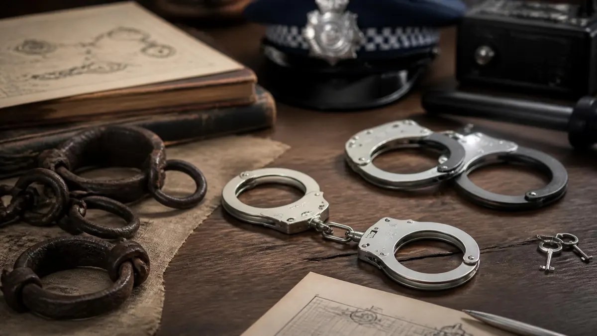Une menotte métallique moderne posée sur une table en bois aux côtés d'anciennes entraves en fer et d'un képi de policier