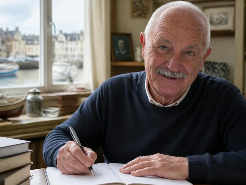 Portrait souriant de l'écrivain Jean Failler en train d'écrire à son bureau face à une fenêtre donnant sur un port