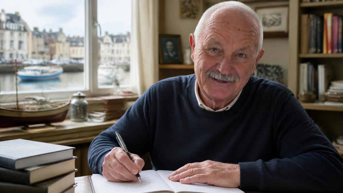 Portrait souriant de l'écrivain Jean Failler en train d'écrire à son bureau face à une fenêtre donnant sur un port