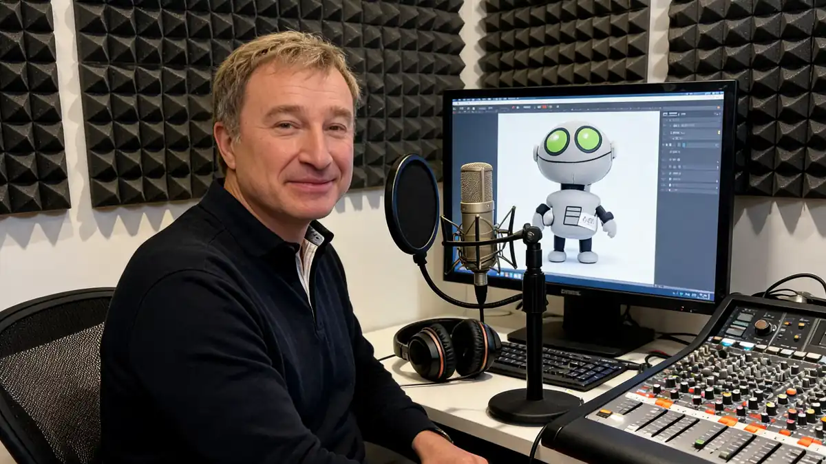 Le comédien de doublage Martial Le Minoux est assis dans son studio d'enregistrement professionnel devant son micro