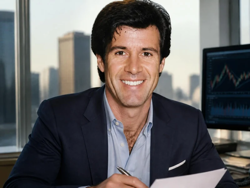 Todd McKee souriant devant un écran d'ordinateur affichant des données financières dans un bureau moderne
