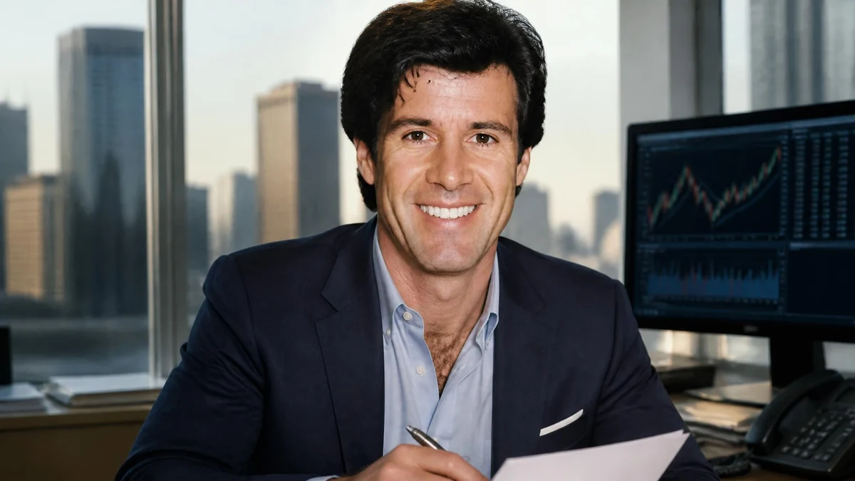 Todd McKee souriant devant un écran d'ordinateur affichant des données financières dans un bureau moderne
