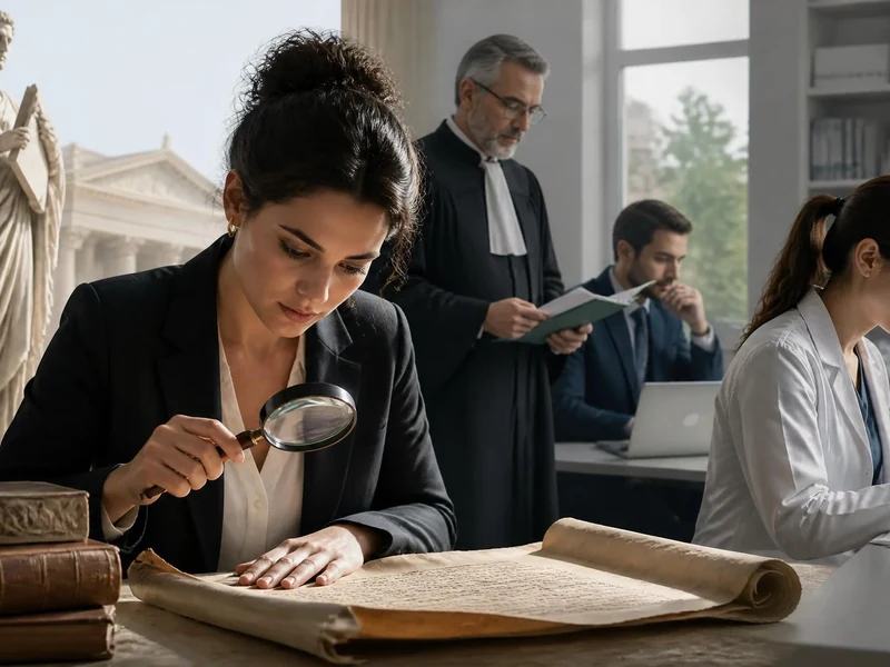 Une femme examine un ancien manuscrit de visu sous le regard d'un avocat et d'une scientifique au microscope