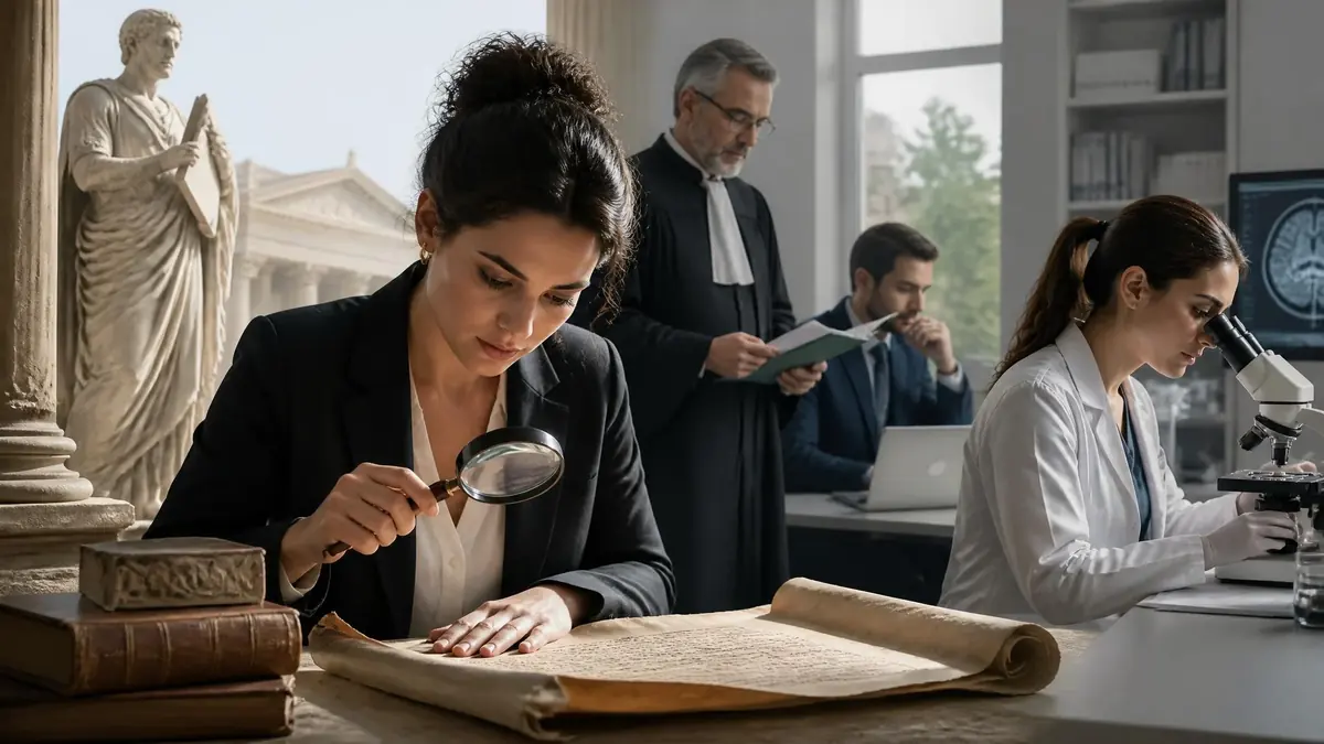 Une femme examine un ancien manuscrit de visu sous le regard d'un avocat et d'une scientifique au microscope