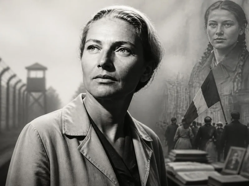Portrait historique en noir et blanc évoquant la vie de la résistante Denise Vernay entre engagement et déportation