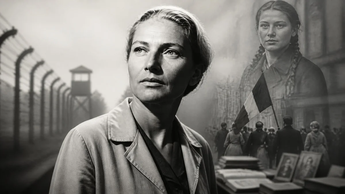 Portrait historique en noir et blanc évoquant la vie de la résistante Denise Vernay entre engagement et déportation