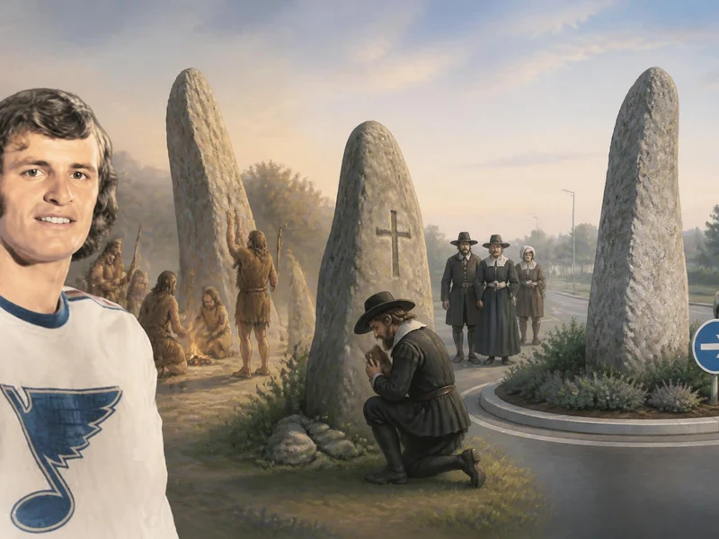 Une composition montrant l'évolution historique d'une Pierre planté du néolithique au rond-point moderne