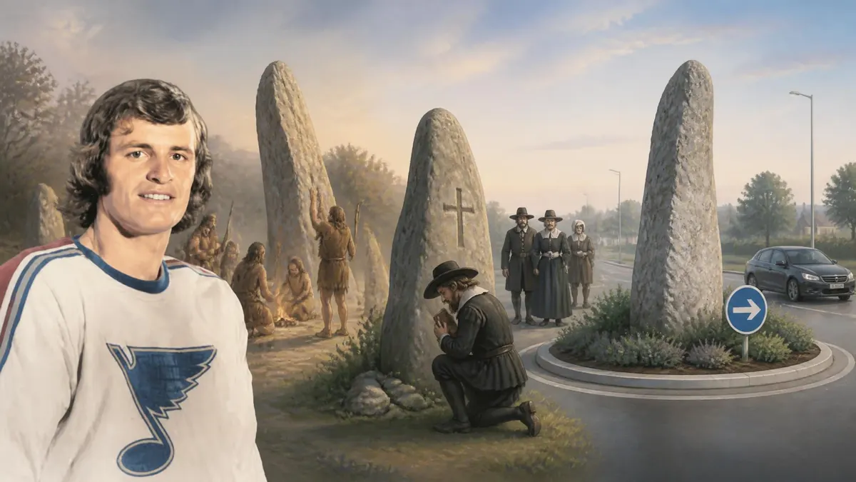 Une composition montrant l'évolution historique d'une Pierre planté du néolithique au rond-point moderne