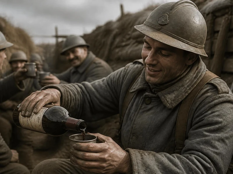 Un soldat français verse du pinard dans un gobelet pour ses camarades dans une tranchée pendant la Première Guerre mondiale