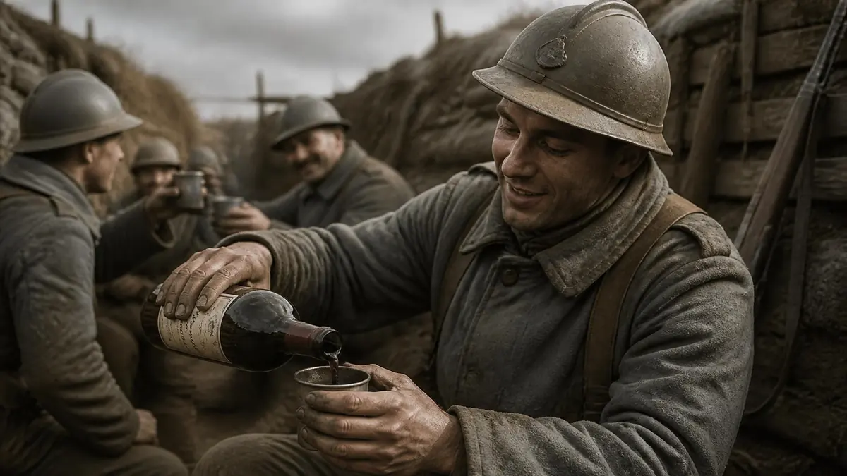 Un soldat français verse du pinard dans un gobelet pour ses camarades dans une tranchée pendant la Première Guerre mondiale