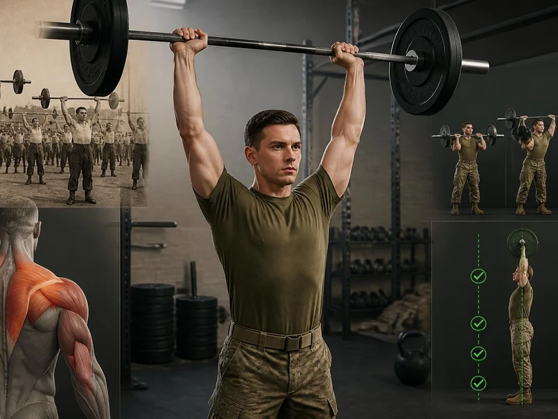 Un homme en tenue militaire exécute un développé militaire avec une barre dans une salle de sport illustrée par des schémas