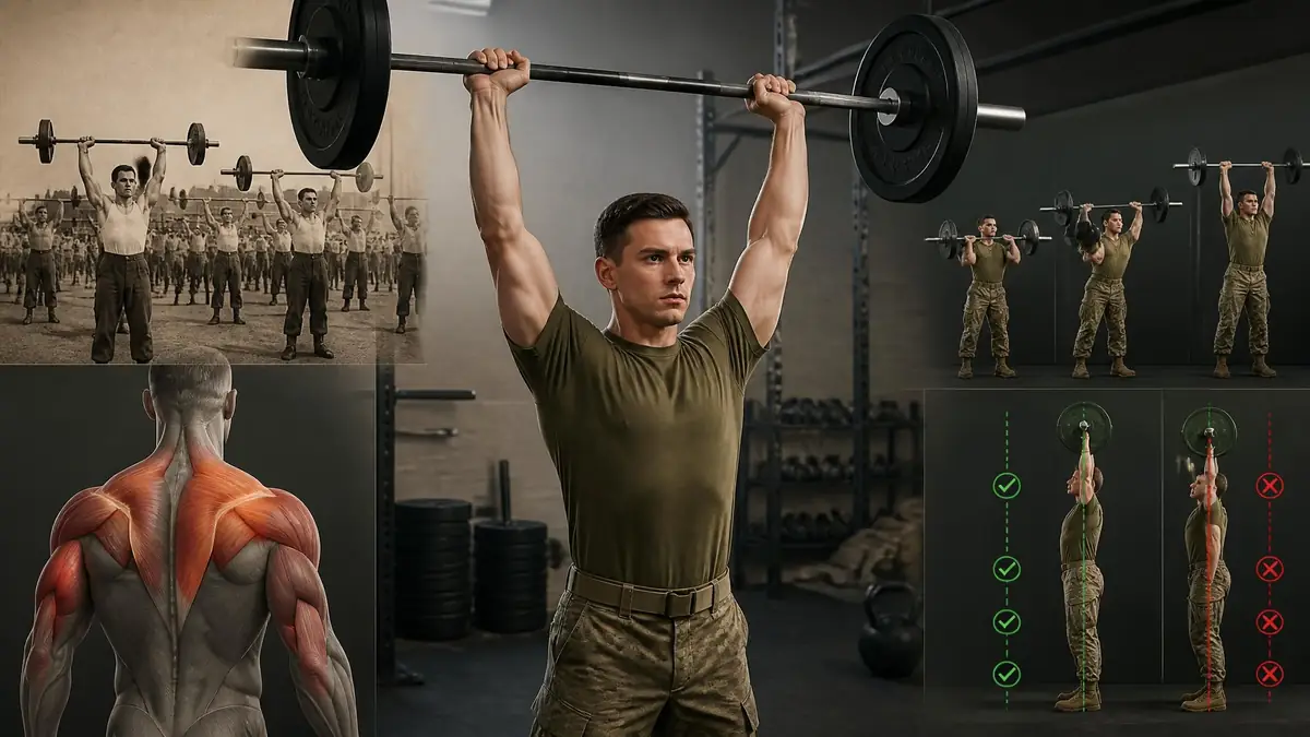 Un homme en tenue militaire exécute un développé militaire avec une barre dans une salle de sport illustrée par des schémas