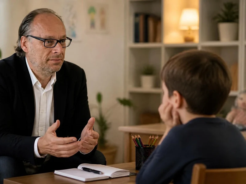 Le psychologue Didier Pleux en séance d'écoute attentive avec un enfant dans son cabinet