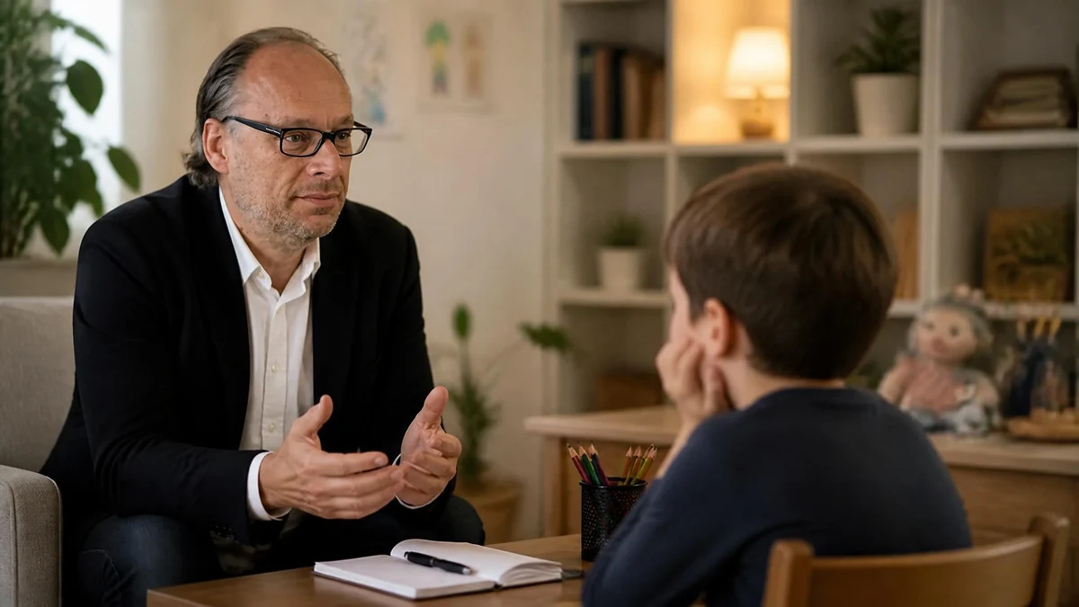 Le psychologue Didier Pleux en séance d'écoute attentive avec un enfant dans son cabinet