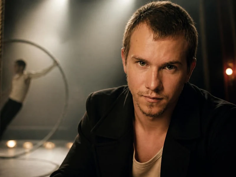 Portrait de l'acteur Dimitri Doré regardant intensément l'objectif sur une scène de spectacle en arrière-plan
