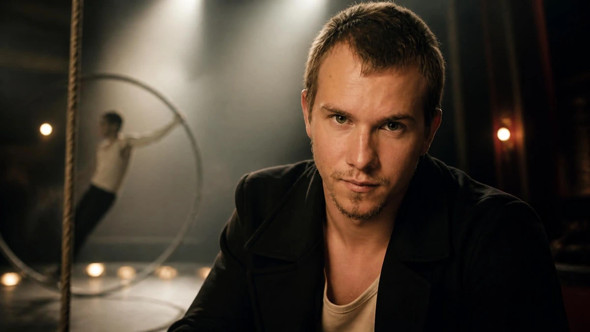 Portrait de l'acteur Dimitri Doré regardant intensément l'objectif sur une scène de spectacle en arrière-plan