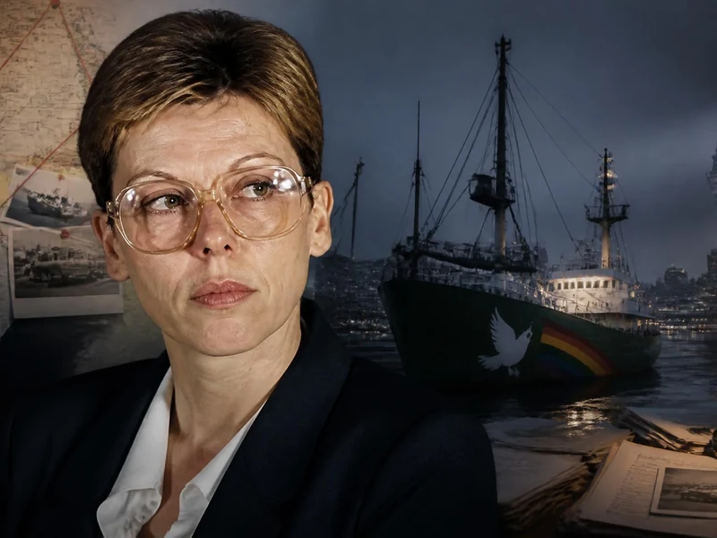 Portrait de Dominique Prieur devant un montage représentant le navire Rainbow Warrior