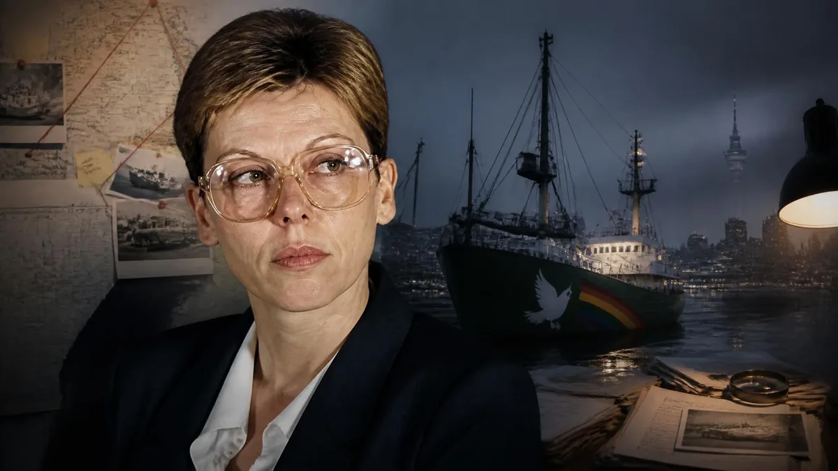 Portrait de Dominique Prieur devant un montage représentant le navire Rainbow Warrior