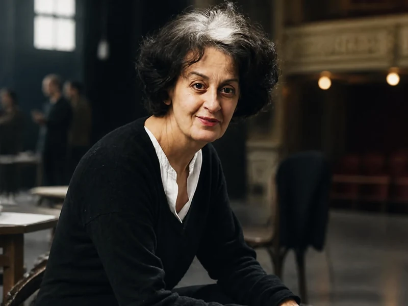Portrait de la comédienne Dominique Valadié posant dans une salle de théâtre avec des personnes en arrière-plan
