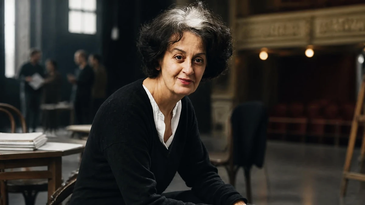 Portrait de la comédienne Dominique Valadié posant dans une salle de théâtre avec des personnes en arrière-plan